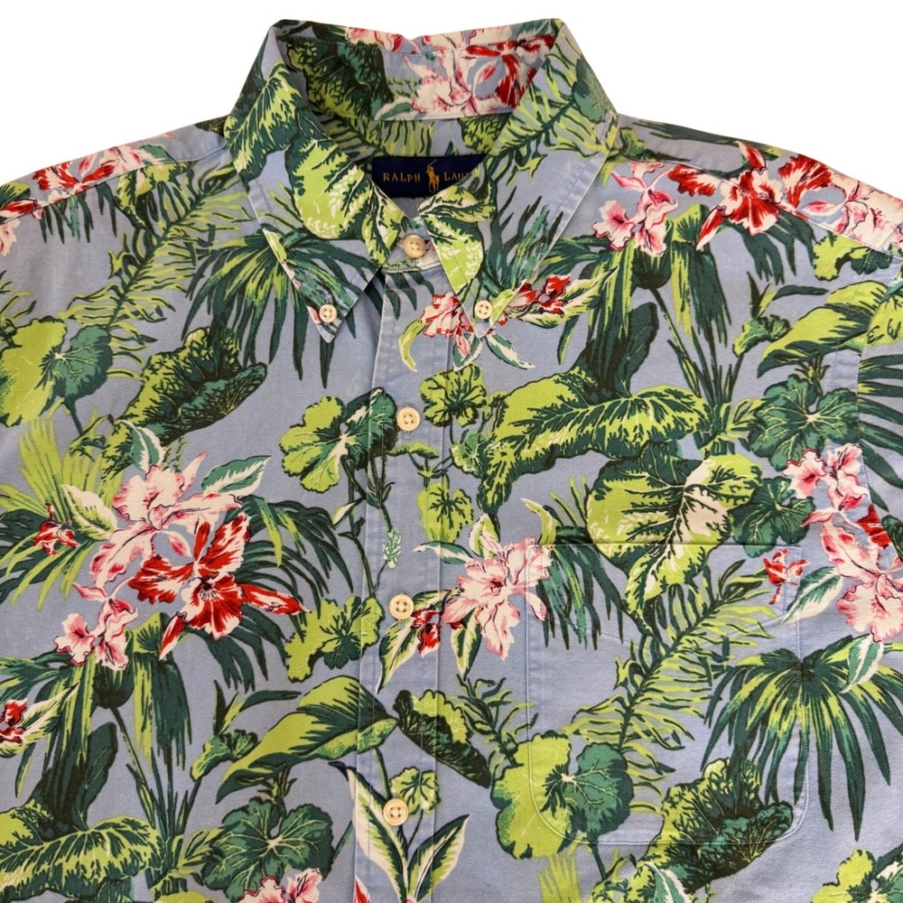 Ralph Lauren Shirt Button Down Mens Large Short Sleeve Blue Tropical Floral